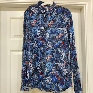 Tropical Floral Blue Red Light Flowy Summer Long Sleeve Button Down Shirt